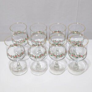 Libbey Holiday Christmas Wine Glasses w/ Gold Trim Holly Berry Design Set of 8